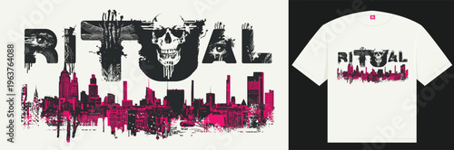 Vector art inscription Ritual written in an urban grunge font with a skull and human eyes and big city. Street art. Suitable for posters, music album covers, and T-shirts.