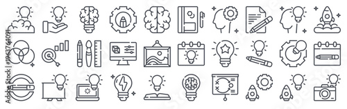 Set of 30 creativity thin line web icons including brainstorming, idea, innovation, creative process, art tools, palette, pencil, lightbulb, canvas, sketch elements