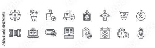 collection of 16 thin line cyber monday icons including cyber security, barcode scanner, components, online discounts, ready stock, discount ticket, logistics delivery, cash register,