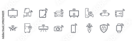 collection of 16 thin line internet of things icons including computer, drone, smart lights control, smart refrigerator, tablet, smart air conditioning, smart car, smart camera,