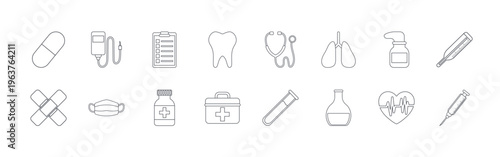 collection of 16 thin line medical icons including medicine, tape, infuser, mask, noted, bottle, tooth, medical kit, stethescope. editable stroke vector illustration isolated on white