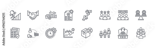 collection of 16 thin line miscellany business icons including struggle, compliant, deal, supply chain, unemployment, time efficiency, onboarding, stock market, cash on delivery. editable