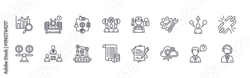 collection of 16 thin line miscellany business icons including benchmarking, stability, overload, intermediary, value chain, manufacturing, complaint, price list, locksmith. editable stroke
