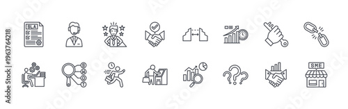 collection of 16 thin line miscellany business icons including sla, work in progress, help desk, swot analysis, role model, busy, etiquette, self service, gap. editable stroke vector