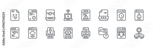 collection of 16 thin line not found icons including file error, blocked website, browser, internet error, error 404, user not found, connection error, problematic, hacker. editable