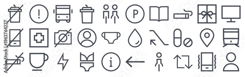 Set of 30 public pictogram thin line icons including cafe, hospital, parking, toilet, or, information, transportation, and navigation signs. Vector outline format.