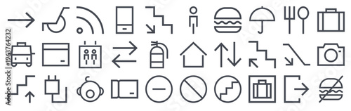 Set of 30 simple pictogram thin line web icons including ticket, phone, caution, or, charge, elevator, wheelchair, wifi, camera, taxi, umbrella and more