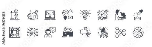 collection of 16 thin line science icons including reaserch, 3d projection, space colony, biotech, voltmeter, explorer, network, augmented reality, hine learning. editable stroke vector