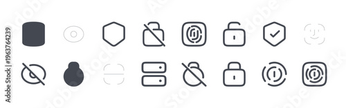 collection of 16 thin line security pack lined icons including barell, password show, password show, padlock, shield, scan code, insecure code, safe almirah, finger scanner. editable