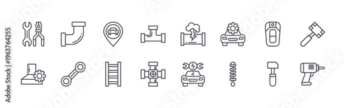 collection of 16 thin line service icons including service tools, extractor hood, pipe, wrench, car location, ladder, pipe, pipe, gas leak. editable stroke vector illustration isolated on