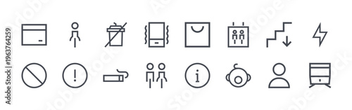 collection of 16 thin line simple pictogram icons including card, caution, woman, caution, no drink, smoke, phone, toilet, shopping. editable stroke vector illustration isolated on white