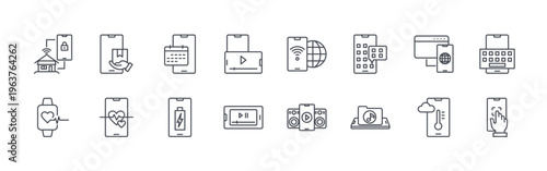 collection of 16 thin line smartphone technology icons including lock, heart rate, box, heart, calendar, battery, video, audio, internet. editable stroke vector illustration isolated on white