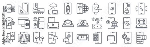 Set of 30 smartphone technology thin line icons including speaker, chat, finger scan, cloud data, drone, heart, book, calculator, battery, email, video call, and more