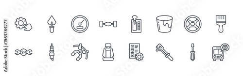 collection of 16 thin line service icons including service, wrench, trowel, spark plug, speedometer, plier, axle, car seat, gearshift. editable stroke vector illustration isolated on white