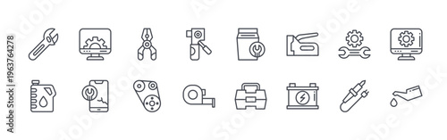 collection of 16 thin line service icons including spanner, fuel can, computer service, phone repair, plier, timing belt, piston, measure tape, repair. editable stroke vector illustration