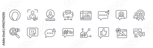 collection of 16 thin line social media interaction icons including avatar, marketing analysis, verification, sticker, username, message alert, aorithm, hashtag, clickbait. editable stroke