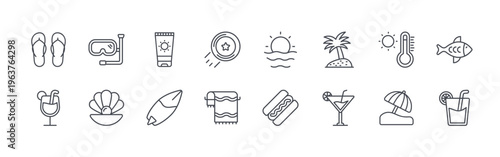 collection of 16 thin line summer icons including flip flops, tropical drink, snorkel mask, seashell, sunscreen, suroard, , beach towel, sun set. editable stroke vector