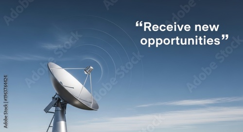 Satellite dish receiving signals against blue sky