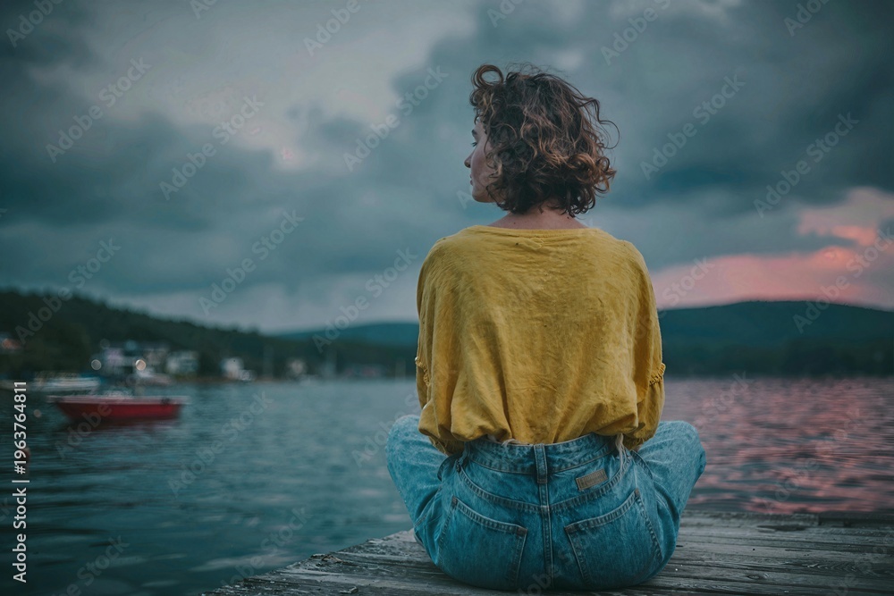 Fototapeta premium Lone person in a small boat on a calm lake as the sun sets behind distant mountains