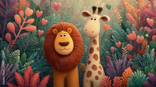 Adorable cartoon lion and giraffe standing together in a magical jungle filled with heart-shaped leaves and colorful plants, creating a whimsical 3D illustration of friendship and love