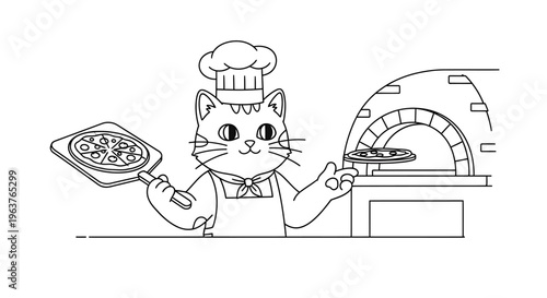 Cute cartoon cat chef holding a pizza peel with a freshly baked pizza next to a traditional brick oven, ready to serve.