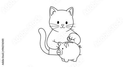 A cute cartoon cat is carefully placing a coin into a traditional piggy bank, illustrating savings and financial responsibility in a simple line art style.