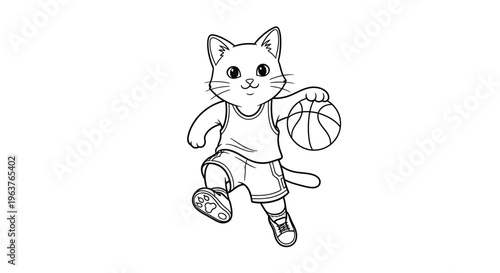 Cute cartoon cat character playing basketball, dribbling the ball in a sporty outfit, black and white line art illustration.