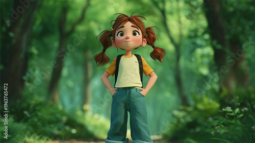 A cute 3D animated girl with brown pigtails and a backpack stands confidently in a lush green forest, looking up with a curious expression during her outdoor hiking adventure in nature