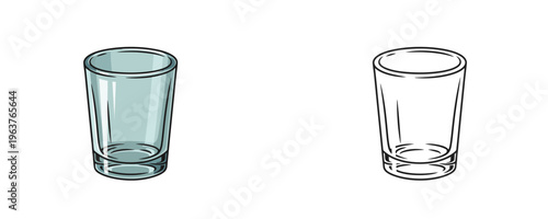 Cartoon glass shot in color and black line art styles showing transparent empty small vessel for alcoholic drink serving on white background