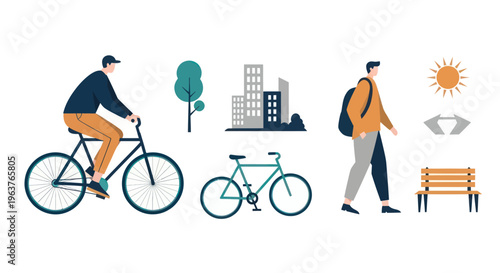 Flat vector illustration of people and city life, commuting by bike
