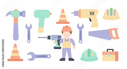Flat Design Construction Tools and Worker Vector Illustration