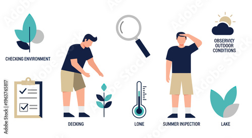 Flat Design Icons: Outdoor Inspection, Environment Check, Lake, Decking