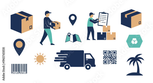 Delivery Service Icons: Truck, Boxes, Man, Map, Sun, Palm Tree, QR Code