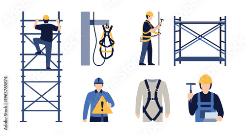 Construction Safety Equipment and Workers Flat Vector Set