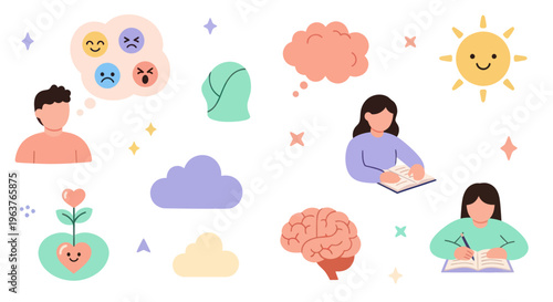 Mental Health Flat Icons: Brain, Emotions, Self-Care, Study, Sun