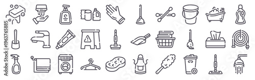 Set of 30 cleaning thin line icons in vector format featuring soap, sponge, mop, broom, vacuum, laundry basket, towel, detergent, hygiene and household cleaning tools