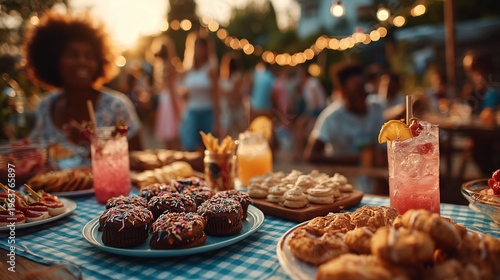 A festive outdoor garden party table filled with delicious chocolate cupcakes, refreshing pink cocktails, and various snacks during a golden hour sunset celebration with blurred people