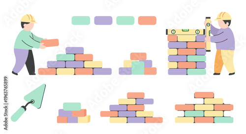 Flat Illustration of Builders Constructing Brick Walls with Trowel and Level