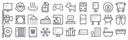Set of 30 hotel thin line icons in vector format featuring amenities, facilities, services including air conditioner, refrigerator, heater, grill, computer, hand sanitizer