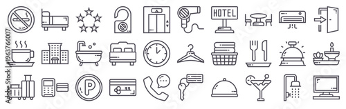 Set of 30 hotel thin line icons in outline style. Includes room key, desk bell, customer service, laundry, do not disturb, no smoking, POS terminal, amenities and hospitality services