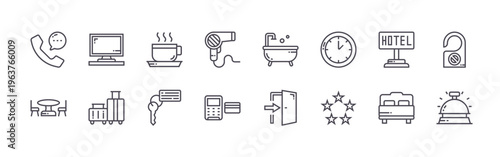 set of 16 thin line hotel icons featuring customer service, terrace, tv, suitcase, coffee mug, room key, hairdryer, pos terminal, bathtub. editable stroke vector illustration isolated on