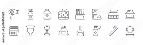 set of 16 thin line hygiene routine icons featuring hair dryer, laundry basket, cleaning spray, menstrual cup, antiseptic, shampoo, sponge, apron, cotton buds. editable stroke vector