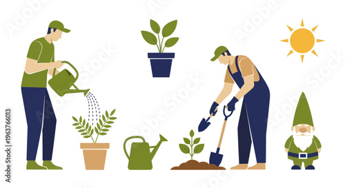 Flat illustration of gardeners watering and planting with gnome and sun