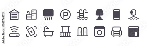 set of 16 thin line housing facilities icons featuring garage, internet, kitchen, door lock, air conditining, bathhub, parking area, balcony, swimming pool. editable stroke vector