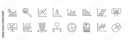 set of 16 thin line infographic icons featuring rising economy, graphical representation, search statistics, scatter graph, stacked graph, funnel, histogram, flowchart, data analytics.