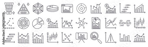 Set of 30 infographic thin line vector icons featuring funnel, stats, charts, graphs, timeline, analytics, business data visualization elements