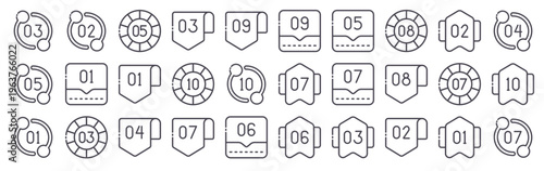 Set of 30 number infographic thin line icons featuring numeric digits, steps, sequences, rankings, statistics, data visualization and counting elements in outline style