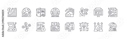 set of 16 thin line investment icons featuring stable investment, inflation, global economy, crypto, safebox, stock list, world bank, bank check, property. editable stroke vector