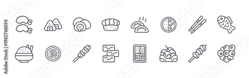 set of 16 thin line japan restaurant icons featuring tempura, rice, onigiri, okonomiyaki, mochi, yakitori, sushi, nori, gyoza. editable stroke vector illustration isolated on white
