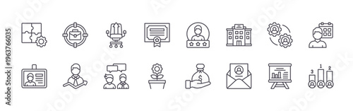 set of 16 thin line job promotion icons featuring puzzle, id card, brief bag, career, office chair, conversation, certificate, growth, rating. editable stroke vector illustration isolated on